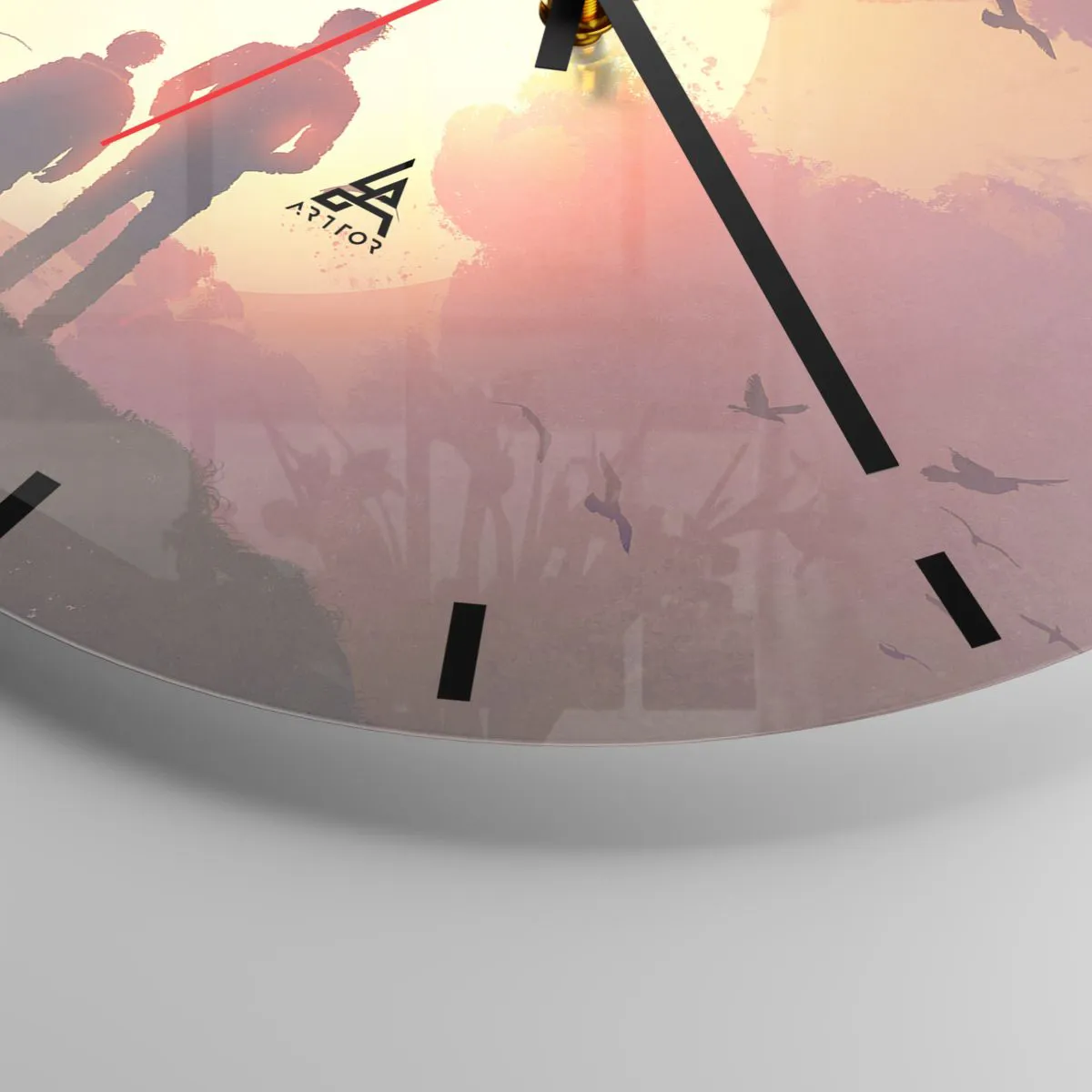 Wall clock - Clock on glass - Figures against the backdrop of the setting sun and birds - 30x30cm - Face to Face with the Sun - Modern wall decoration for the living room, kitchen, and bedroom ARTTOR