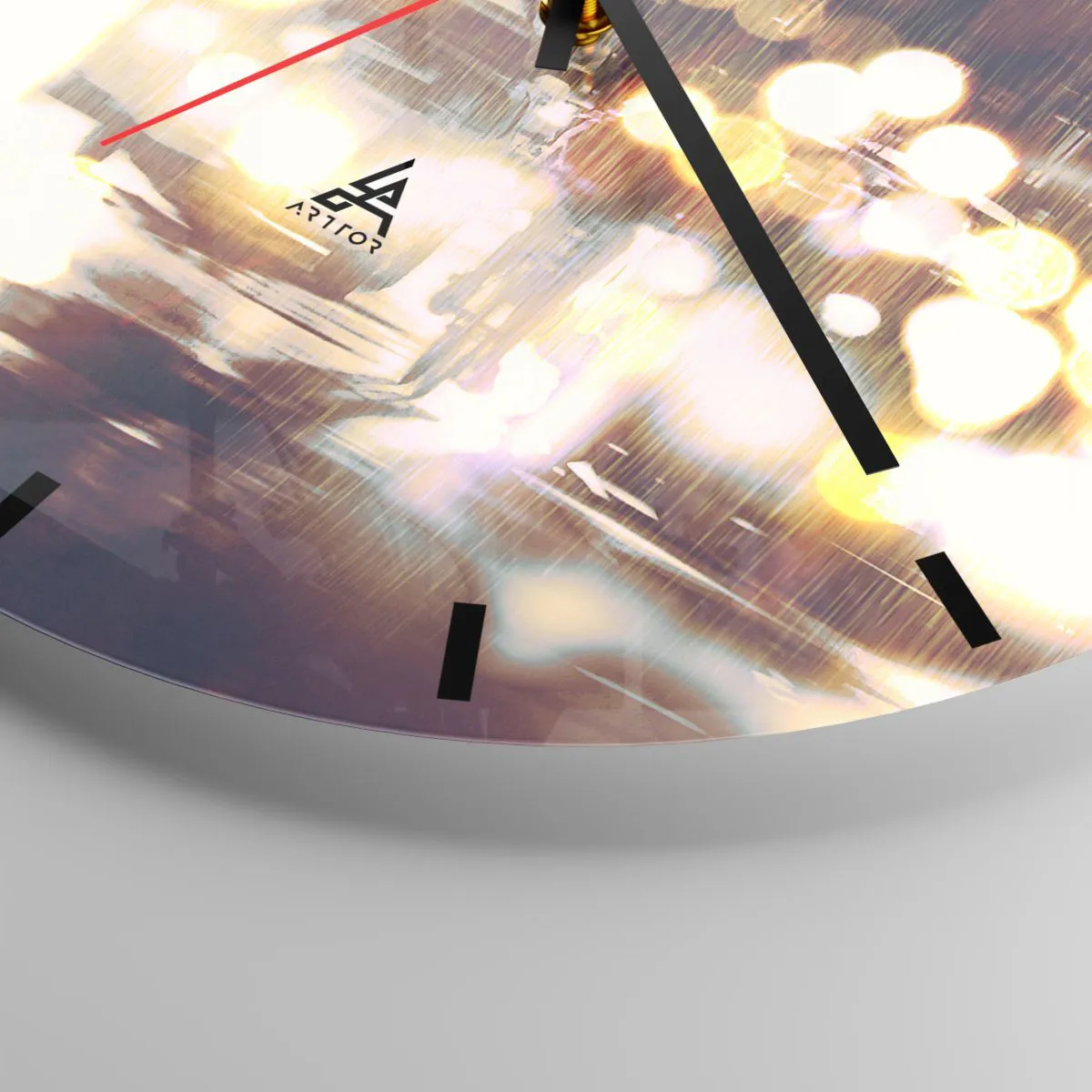 Ceas de perete - Ceas pe sticlă - figură cu o umbrelă roșie pe fundalul luminilor nocturne ale orașului - 30x30cm - Și totuși este însorită - Decorațiune modernă pentru perete pentru living, bucătărie și dormitor ARTTOR