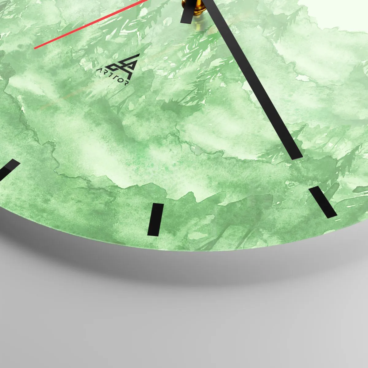 Ceas de perete - Ceas pe sticlă - O pădure verde într-un stil acuarelă plin de armonie - 30x30cm - Neclar prin ceața verde - Decorațiune modernă pentru perete pentru living, bucătărie și dormitor ARTTOR