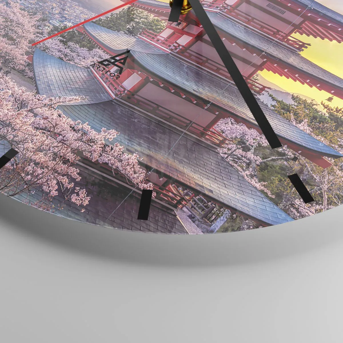 Ceas de perete - Ceas pe sticlă - O pagodă printre flori de cireș, cu Muntele Fuji în fundal - 30x30cm - Esența spiritului japonez - Decorațiune modernă pentru perete pentru living, bucătărie și dormitor ARTTOR