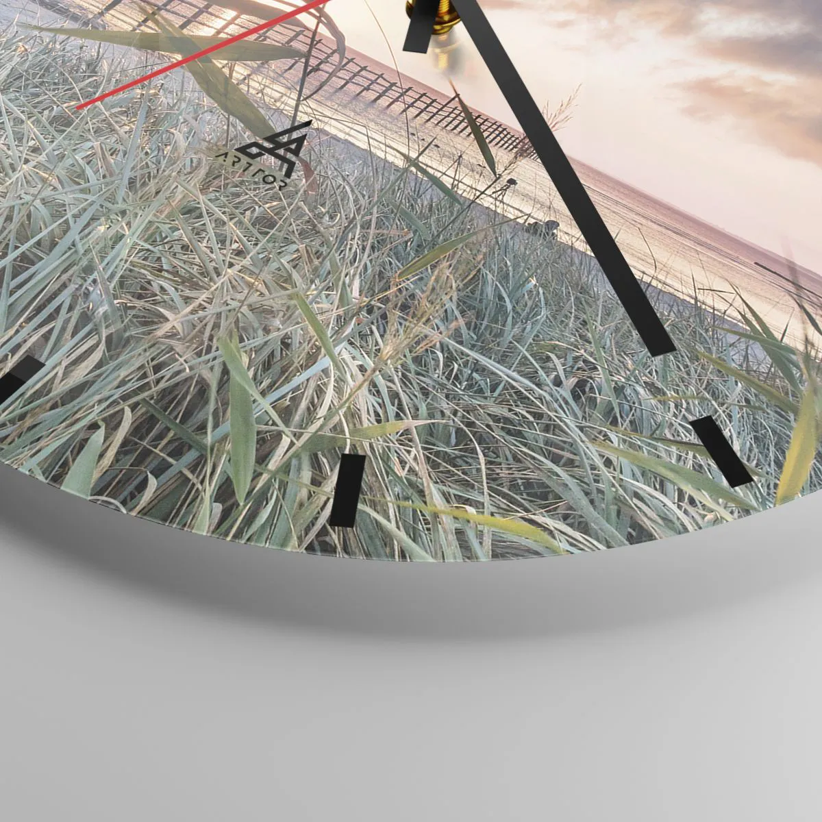 Wall clock - Clock on glass - A view of the pier at sunset with grasses in the foreground - 30x30cm - Not Gone with the Wind - Modern wall decoration for the living room, kitchen, and bedroom ARTTOR