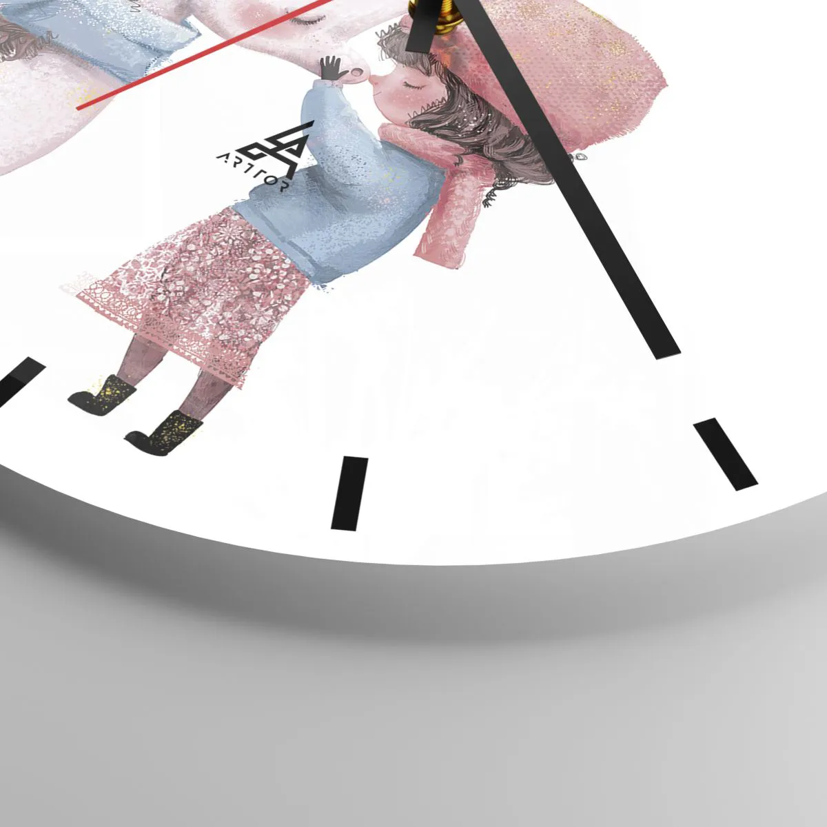 Vægur, Uret - En pige i vintertøj, der kysser en enhjørning på en hvid baggrund - 30x30cm - En vinterhistorie - Moderne vægdekoration til stue, køkken og soveværelse ARTTOR