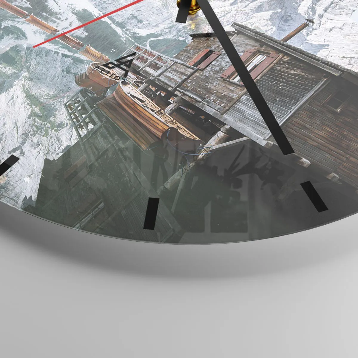 Relógio de parede - Relógio em vidro - Um lago de montanha com barcos de madeira e uma cabana na margem - 30x30cm - Manhã cristalina nas montanhas - Decoração de parede moderna para a sala de estar, cozinha e quarto ARTTOR