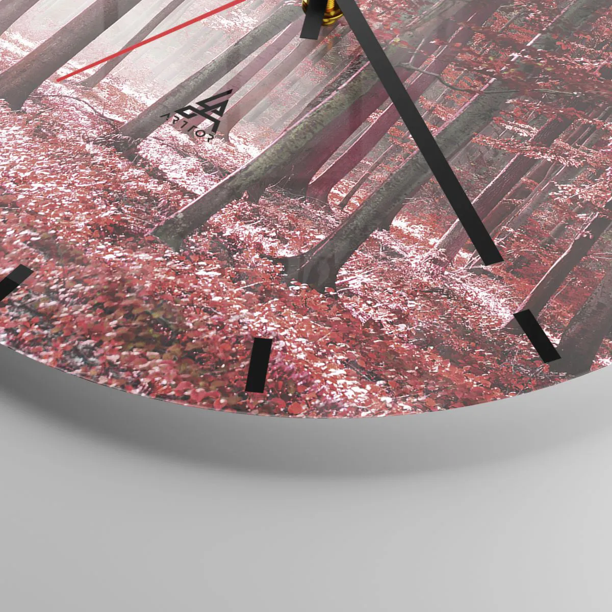 Nástěnné hodiny - Malebný les v červených odstínech v ranním světle - 30x30cm - Červená je stejně krásná - Moderní nástěnná dekorace do obývacího pokoje, kuchyně a ložnice ARTTOR