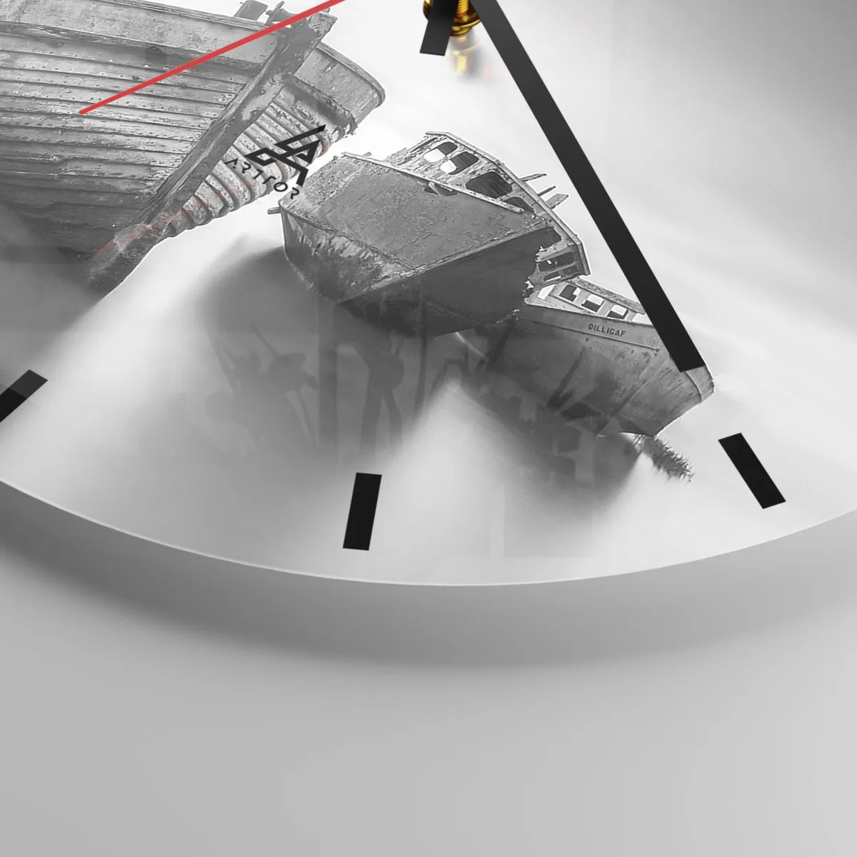 Wall clock - Clock on glass - Old fishing boats stranded on the shore in black and white - 30x30cm - Now Only a Memory - Modern wall decoration for the living room, kitchen, and bedroom ARTTOR