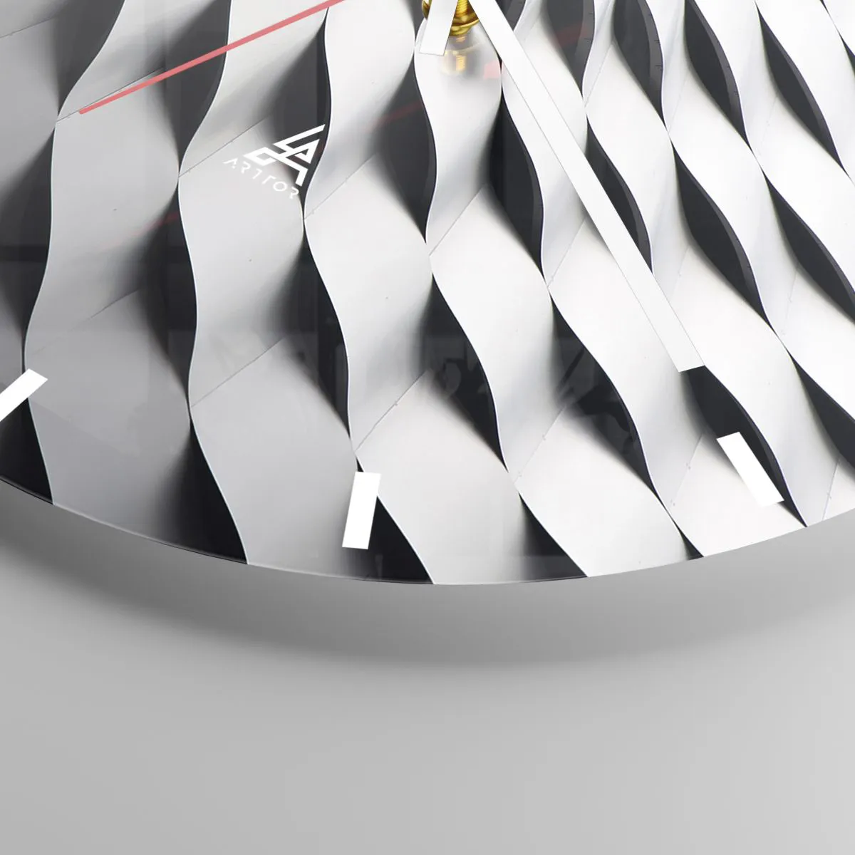 Ceas de perete - Ceas pe sticlă - Model de structură arhitecturală ondulată alb-negru - 30x30cm - Pe suprafața valurilor - Decorațiune modernă pentru perete pentru living, bucătărie și dormitor ARTTOR