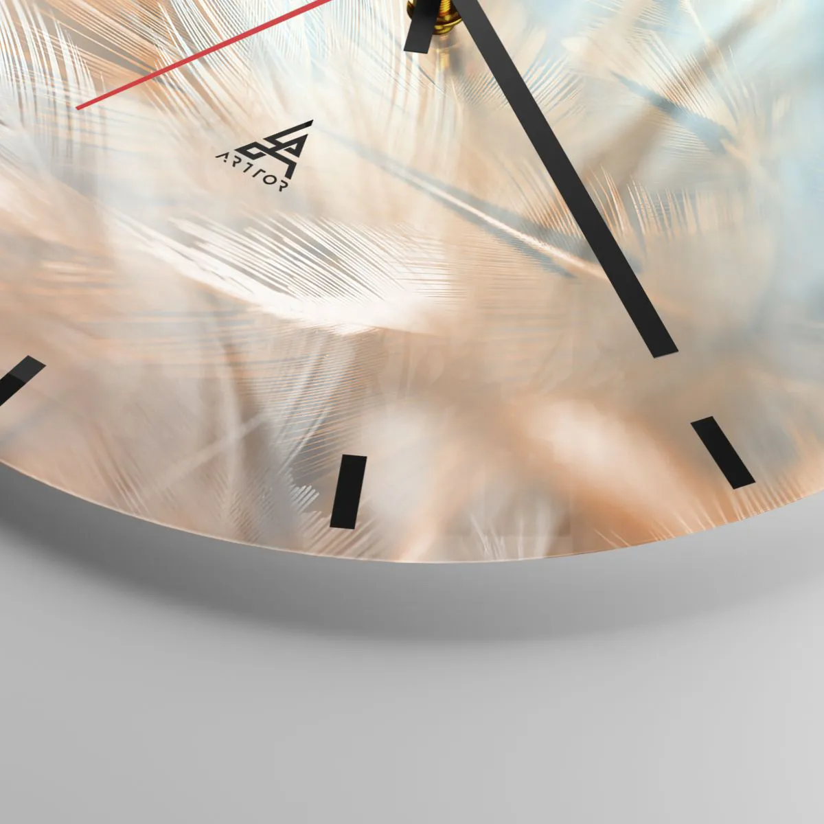 Ceas de perete - Ceas pe sticlă - Pene delicate în nuanțe pastelate de albastru și piersică - 30x30cm - În țara blândeții - Decorațiune modernă pentru perete pentru living, bucătărie și dormitor ARTTOR