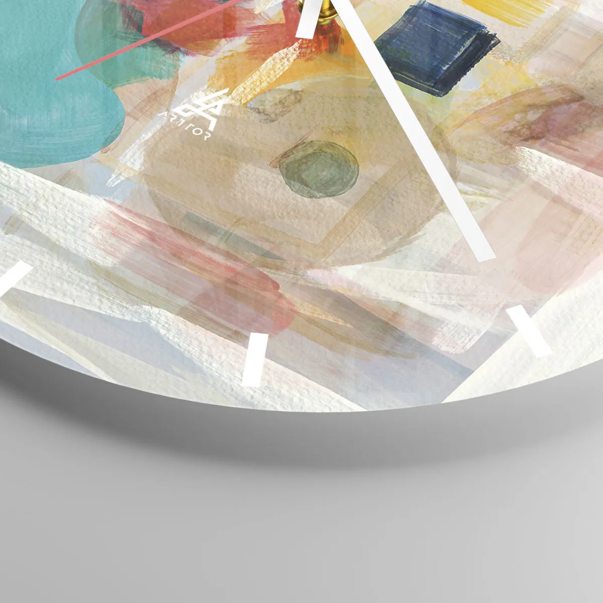 Vægur, Uret - Abstrakte farvepletter i nuancer af turkis, rød og gul - 30x30cm - Et farverigt spil - Moderne vægdekoration til stue, køkken og soveværelse ARTTOR