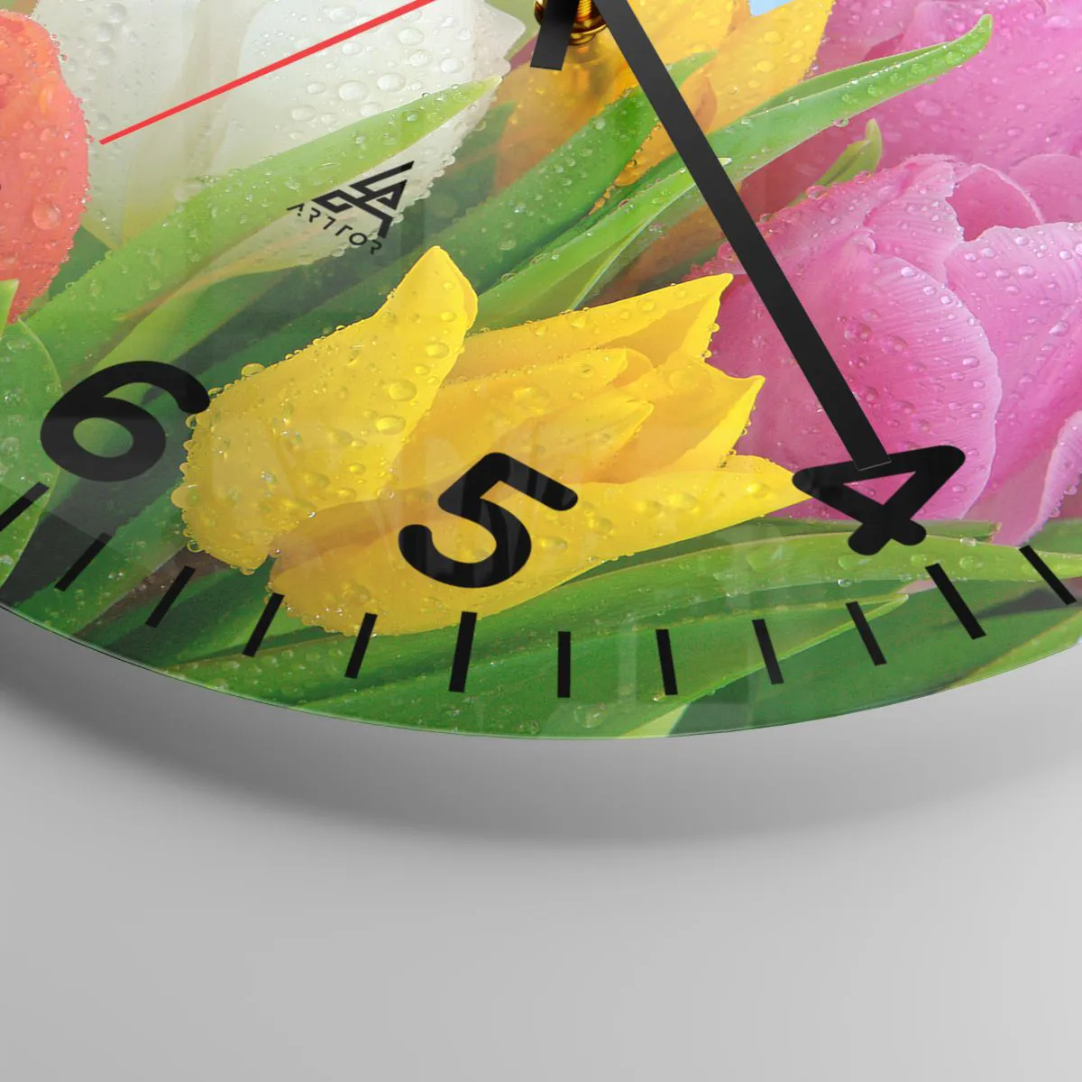 Ceas de perete - Ceas pe sticlă - Un curcubeu floral în picături de rouă - 40x40 cm