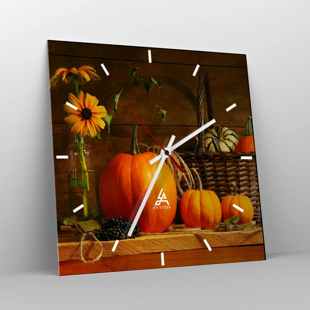 Väggklocka - Klocka på glas - Rustik komposition - höstens gåvor - 30x30 cm