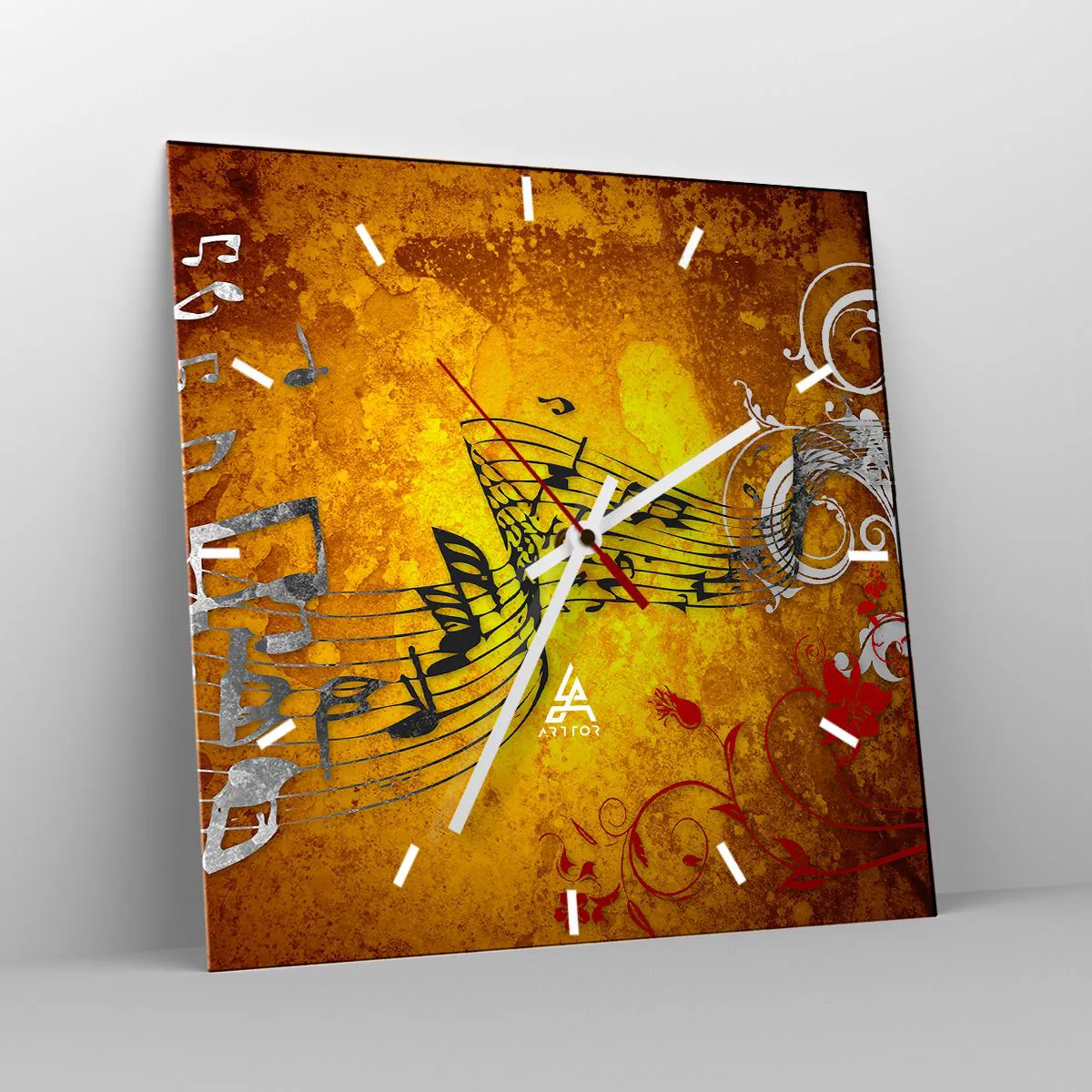 Wanduhr - Glasuhr - Abstrakte Musiknoten auf einem bunten Hintergrund mit Ornamenten - 30x30cm - Lass die Musik fließen - Moderne Wanddekoration für Wohnzimmer und Schlafzimmer ARTTOR