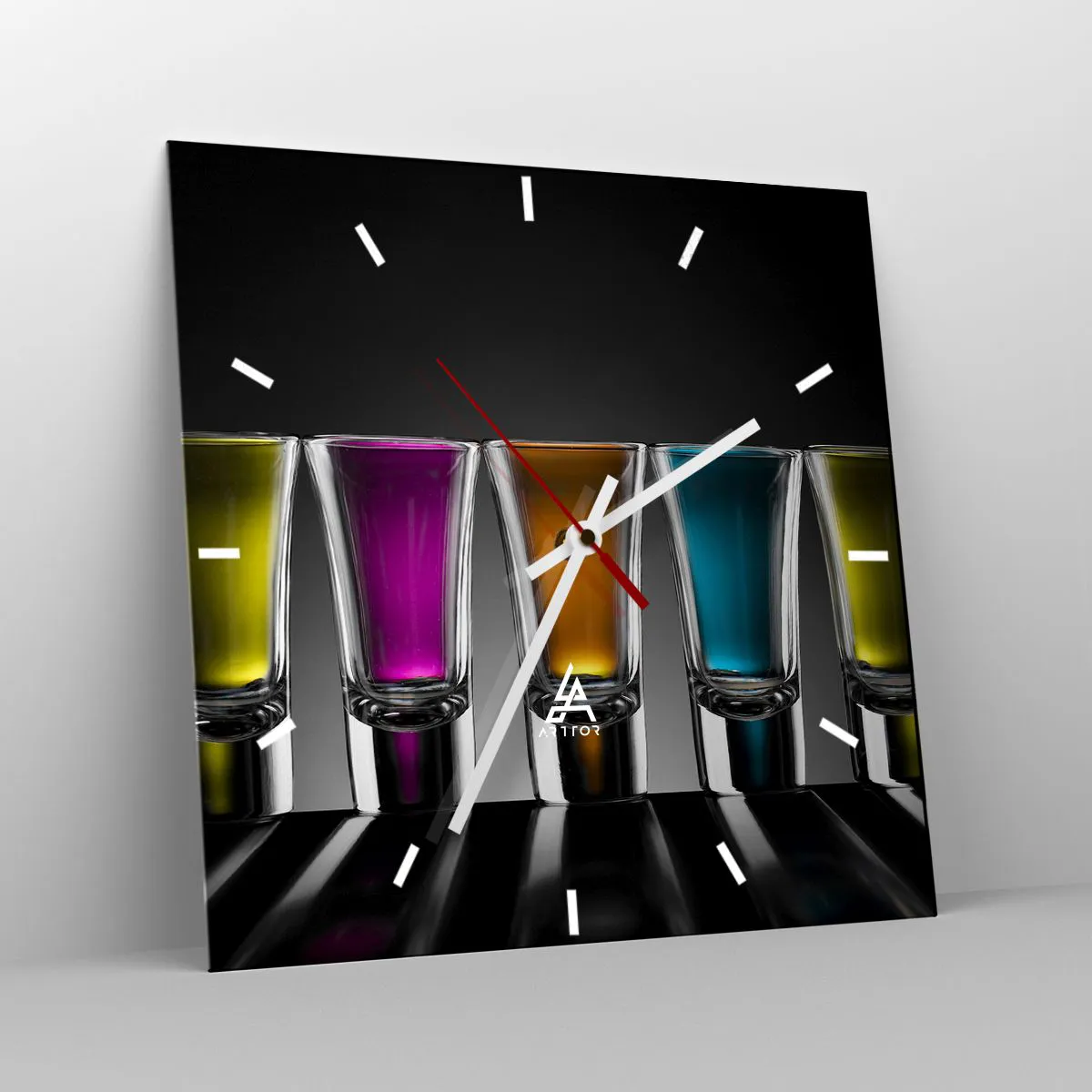Wanduhr - Glasuhr - Bunte Gläser auf schwarzem Hintergrund - 30x30cm - Die Farben der Freude - Moderne Wanddekoration für Wohnzimmer und Schlafzimmer ARTTOR