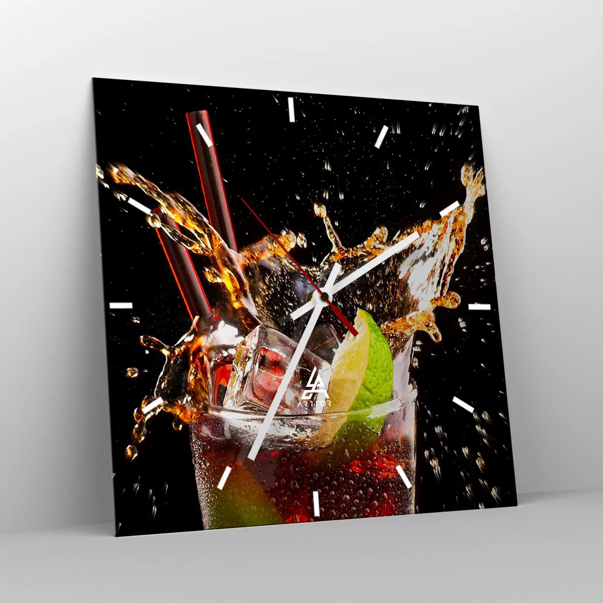 Wanduhr - Glasuhr - Ein Glas Getränk, Limette und Eis im Moment des dynamischen Spritzens - 30x30cm - Freude und Energie der Farben - Moderne Wanddekoration für Wohnzimmer und Schlafzimmer ARTTOR