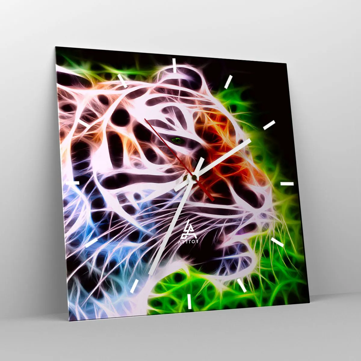 Wanduhr - Glasuhr - Farbenfrohes künstlerisches Porträt eines Tigers im Neonstil auf schwarzem Hintergrund. - 30x30cm - Schreckliche Aura - Moderne Wanddekoration für Wohnzimmer und Schlafzimmer ARTTOR