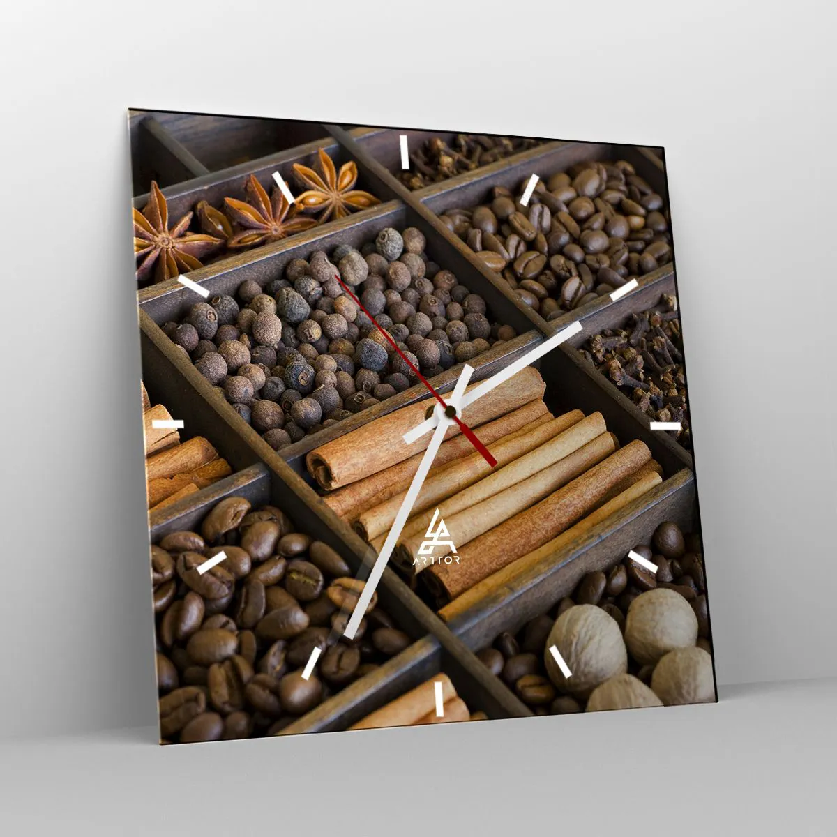 Wanduhr - Glasuhr - Gewürze und Kaffee in Holzfächern - 30x30cm - Eine Fundgrube an Aromen - Moderne Wanddekoration für Wohnzimmer und Schlafzimmer ARTTOR