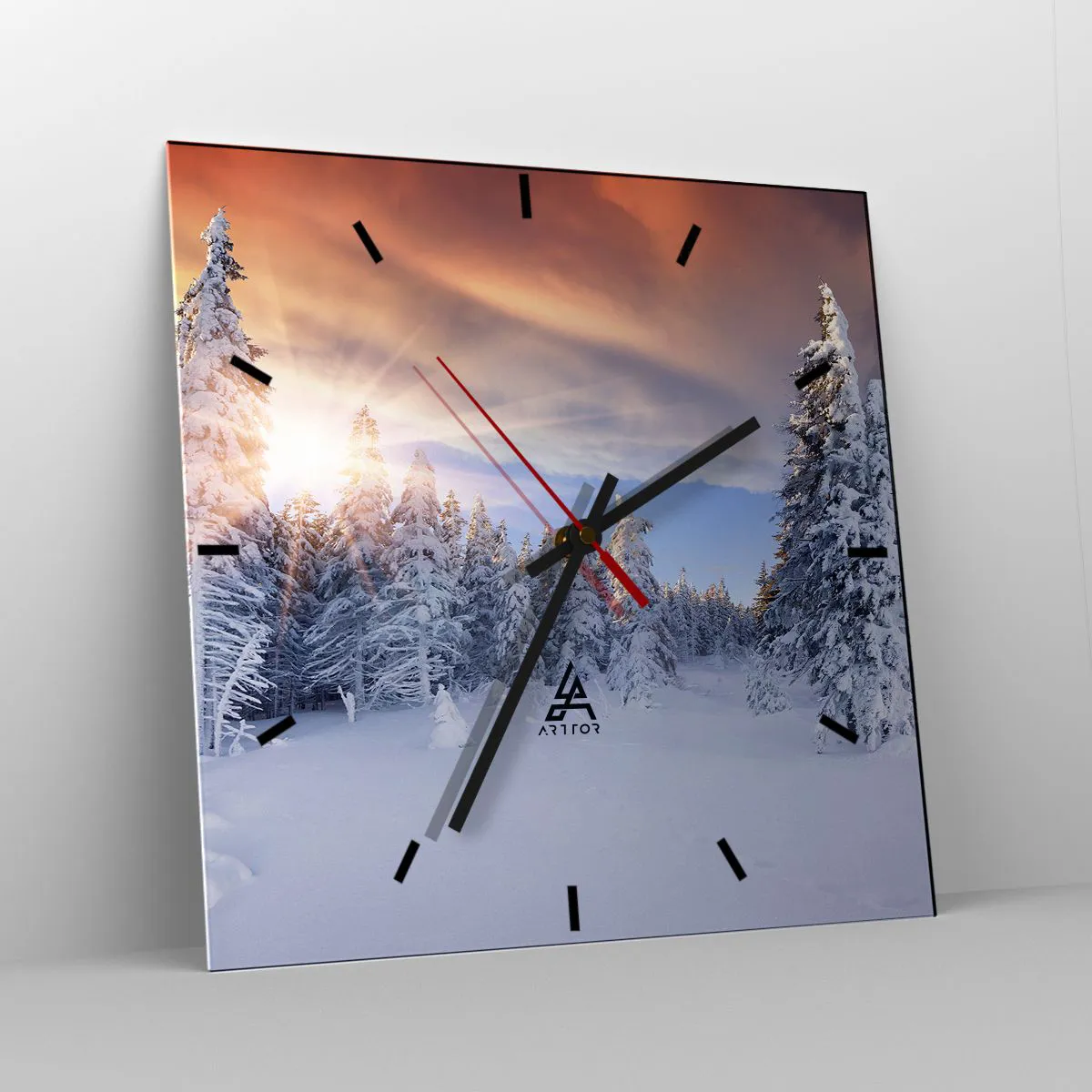Reloj de pared - Reloj de vidrio - Paisaje invernal con un bosque nevado al atardecer - 30x30cm - Un espectáculo de naturaleza nevada - Decoración de pared moderna para salón y dormitorio ARTTOR