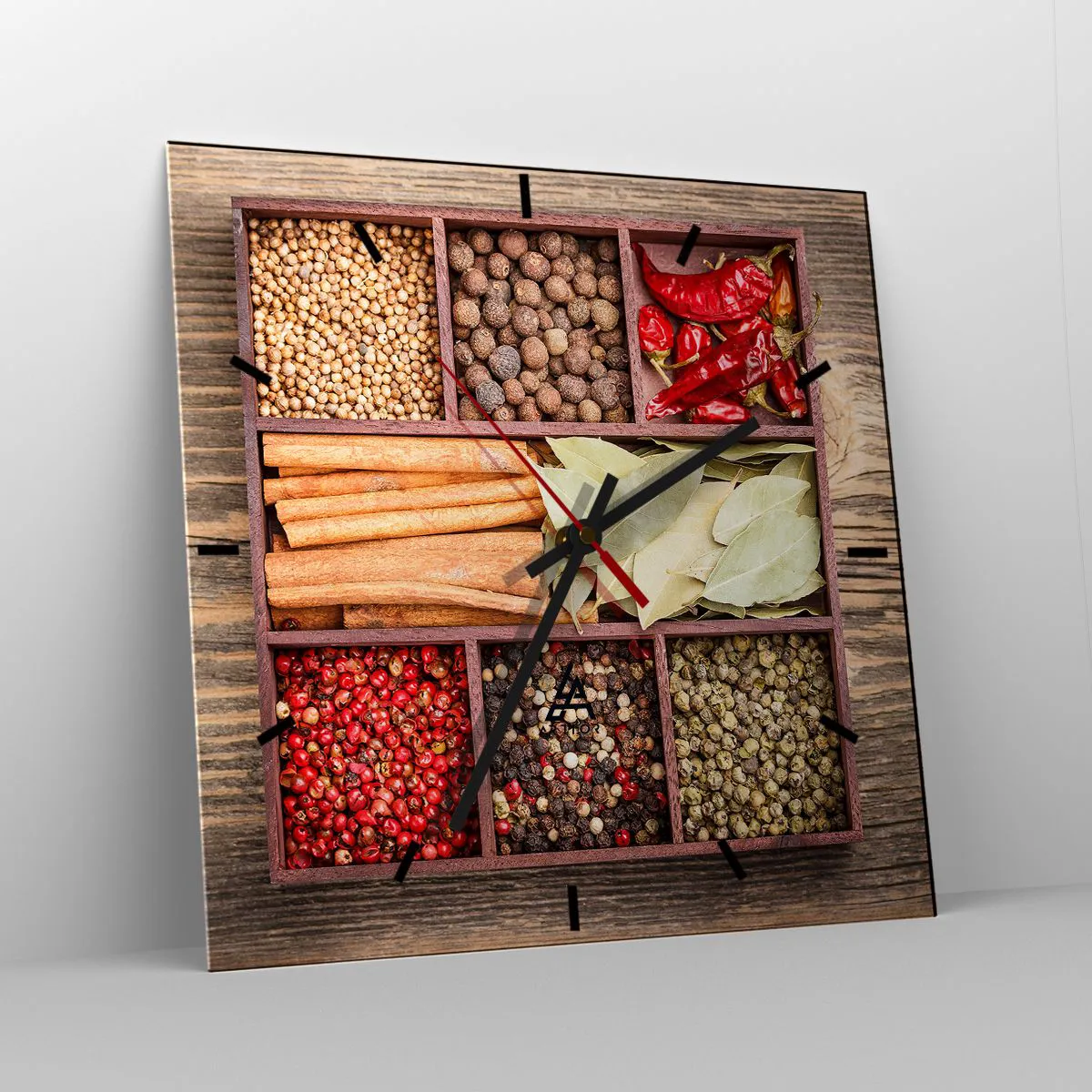 Reloj de pared - Reloj de vidrio - Caja de madera con varias especias en compartimentos. - 30x30cm - Orden de formas, composición de aromas - Decoración de pared moderna para salón y dormitorio ARTTOR