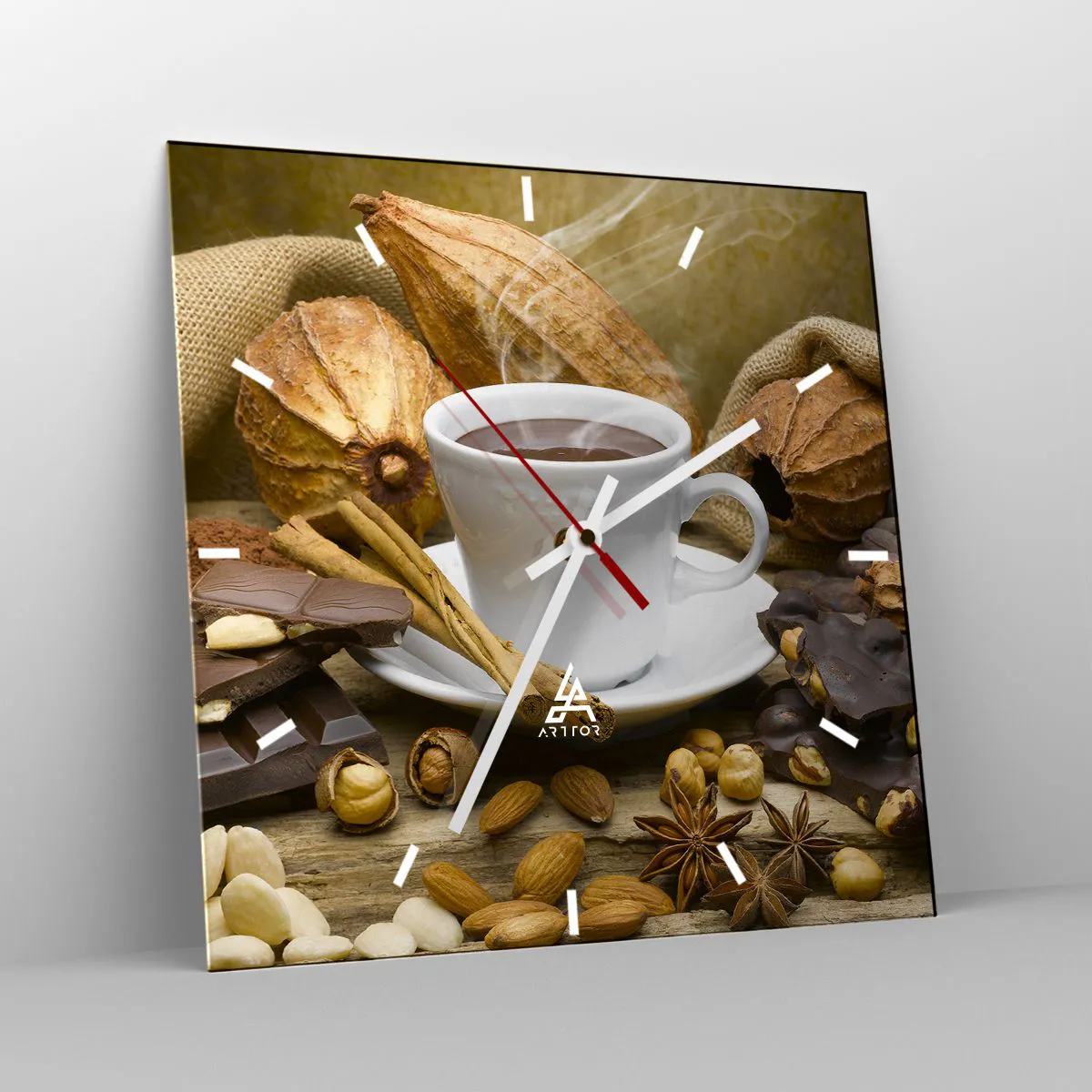 Wanduhr - Glasuhr - Eine Tasse heiße Schokolade, umgeben von Kakao und Zimt - 30x30cm - Für Nervenkitzel-Suchende - Moderne Wanddekoration für Wohnzimmer und Schlafzimmer ARTTOR