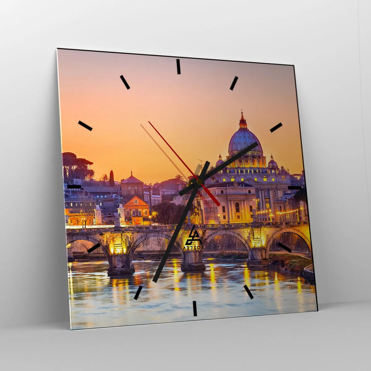 Orologio da parete - Orologio in Vetro - Panorama del Vaticano al tramonto con un ponte sul fiume - 30x30cm - Tramonto sulla Città Eterna - Decorazione murale moderna per soggiorno e camera da letto ARTTOR