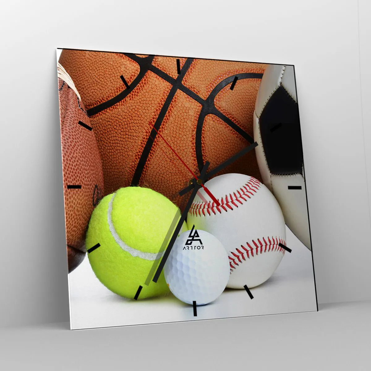 Reloj de pared - Reloj de vidrio - Balones de diversas disciplinas deportivas - 30x30cm - Unidos por el deporte - Decoración de pared moderna para salón y dormitorio ARTTOR