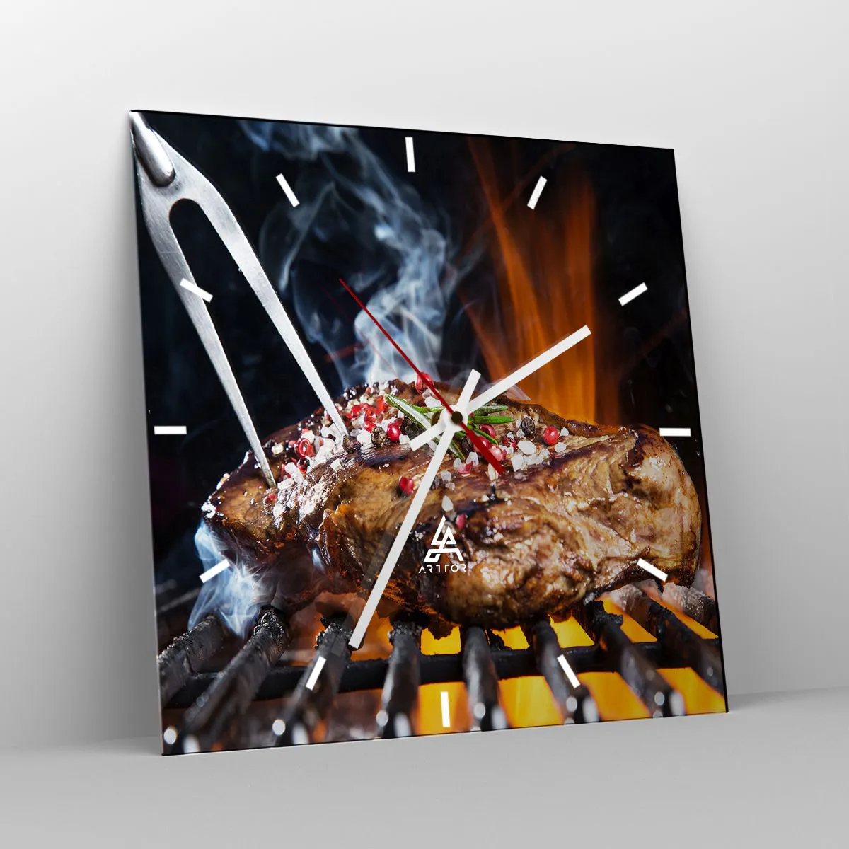 Wanduhr - Glasuhr - Gegrilltes Steak auf einem Grill mit Gewürzen - 30x30cm - Saftig und duftend - Moderne Wanddekoration für Wohnzimmer und Schlafzimmer ARTTOR