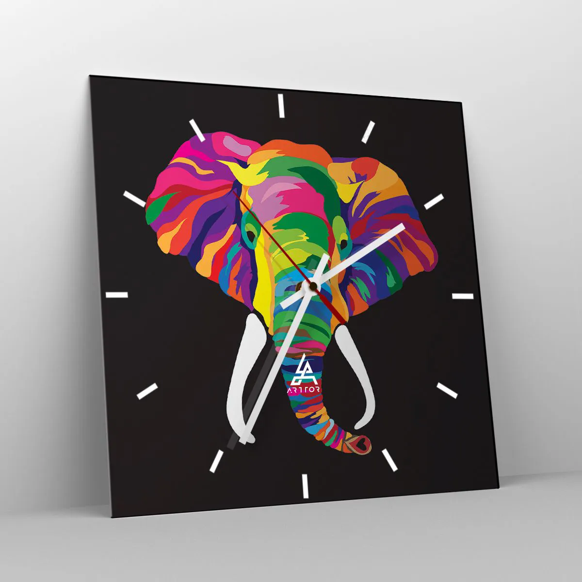 Ceas de perete - Ceas pe sticlă - Elefantul căruia îi plăcea să se scalde în curcubeu - 30x30 cm