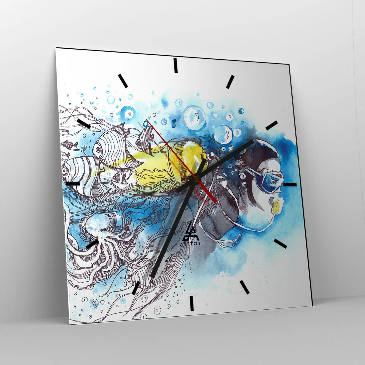 Zegar ścienny - Podwodna scena z nurkiem i egzotycznymi rybami - 30x30cm - Wielki błękit - Nowoczesna dekoracja ścienna do salonu i sypialni ARTTOR