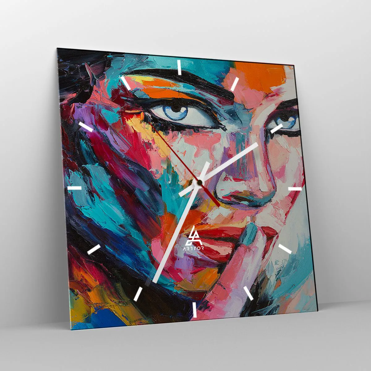 Wanduhr - Glasuhr - Farbenfrohes Porträt einer Frau im abstrakten Stil - 30x30cm - Unser erstes Geheimnis - Moderne Wanddekoration für Wohnzimmer und Schlafzimmer ARTTOR