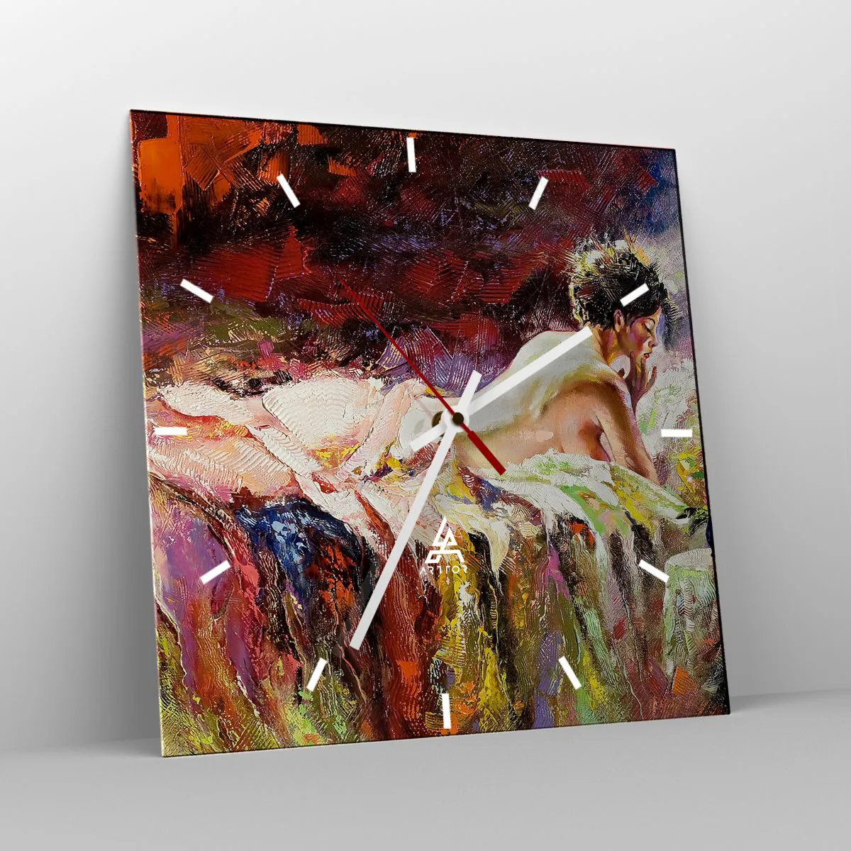 Reloj de pared - Reloj de vidrio - Una mujer acostada en una cama sobre un fondo de colores abstractos. - 30x30cm - Una Venus reflexiva - Decoración de pared moderna para salón y dormitorio ARTTOR
