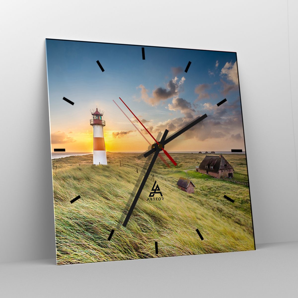 Orologio da parete Arttor - Tra le onde - Quadrante con trattini, Forma:  Quadrato - 30x30 cm - Paesaggio, Faro, Dune