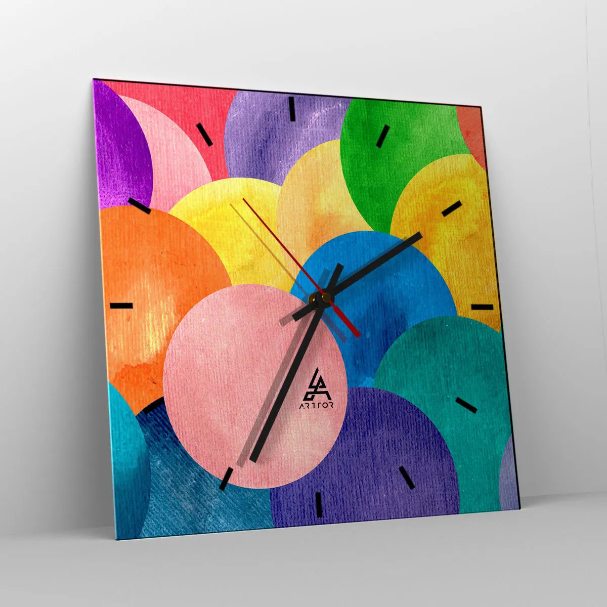 Reloj de pared - Reloj de vidrio - Círculos coloridos en estilo acuarela - 30x30cm - La plenitud original de la vida - Decoración de pared moderna para salón y dormitorio ARTTOR