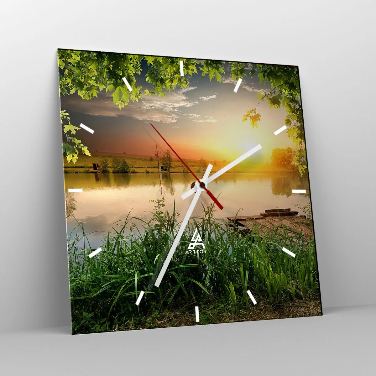 Ceas de perete - Ceas pe sticlă - Peisaj într-un cadru verde - 30x30 cm