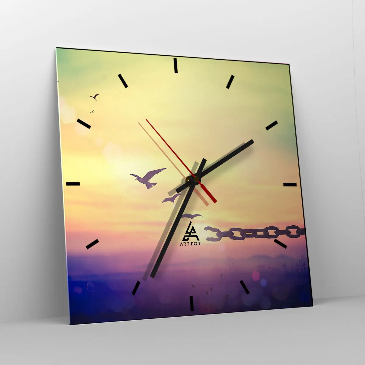 Wanduhr - Glasuhr - Symbol der Freiheit mit Vögeln und einer zerbrochenen Kette - 30x30cm - Der Sieg der Freiheit - Moderne Wanddekoration für Wohnzimmer und Schlafzimmer ARTTOR