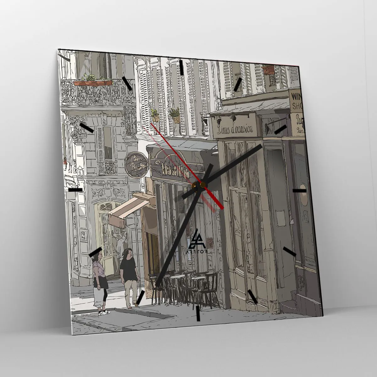 Reloj de pared - Reloj de vidrio - Ilustración de una calle de la ciudad con cafés y tiendas. - 30x30cm - Alegrías urbanas - Decoración de pared moderna para salón y dormitorio ARTTOR
