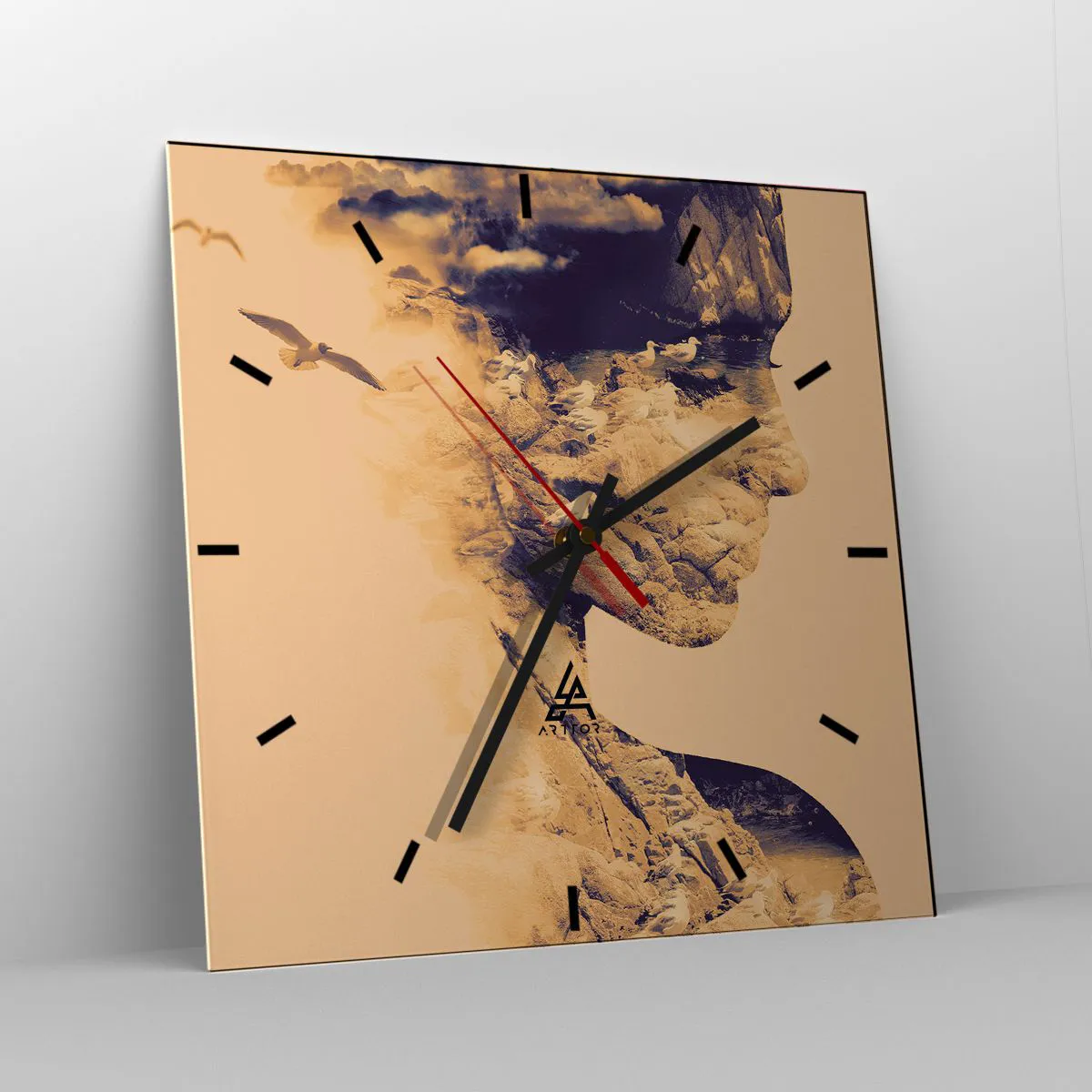 Wanduhr - Glasuhr - Profil einer Frau mit der Natur im Hintergrund in warmen Tönen - 30x30cm - Von Natur aus schön - Moderne Wanddekoration für Wohnzimmer und Schlafzimmer ARTTOR