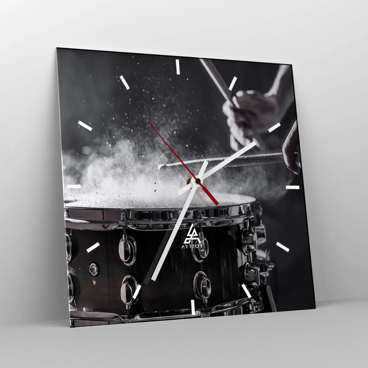 Reloj de pared - Reloj de vidrio - Golpear el tambor con baquetas con efecto de polvo - 30x30cm - El pulso de la música - Decoración de pared moderna para salón y dormitorio ARTTOR