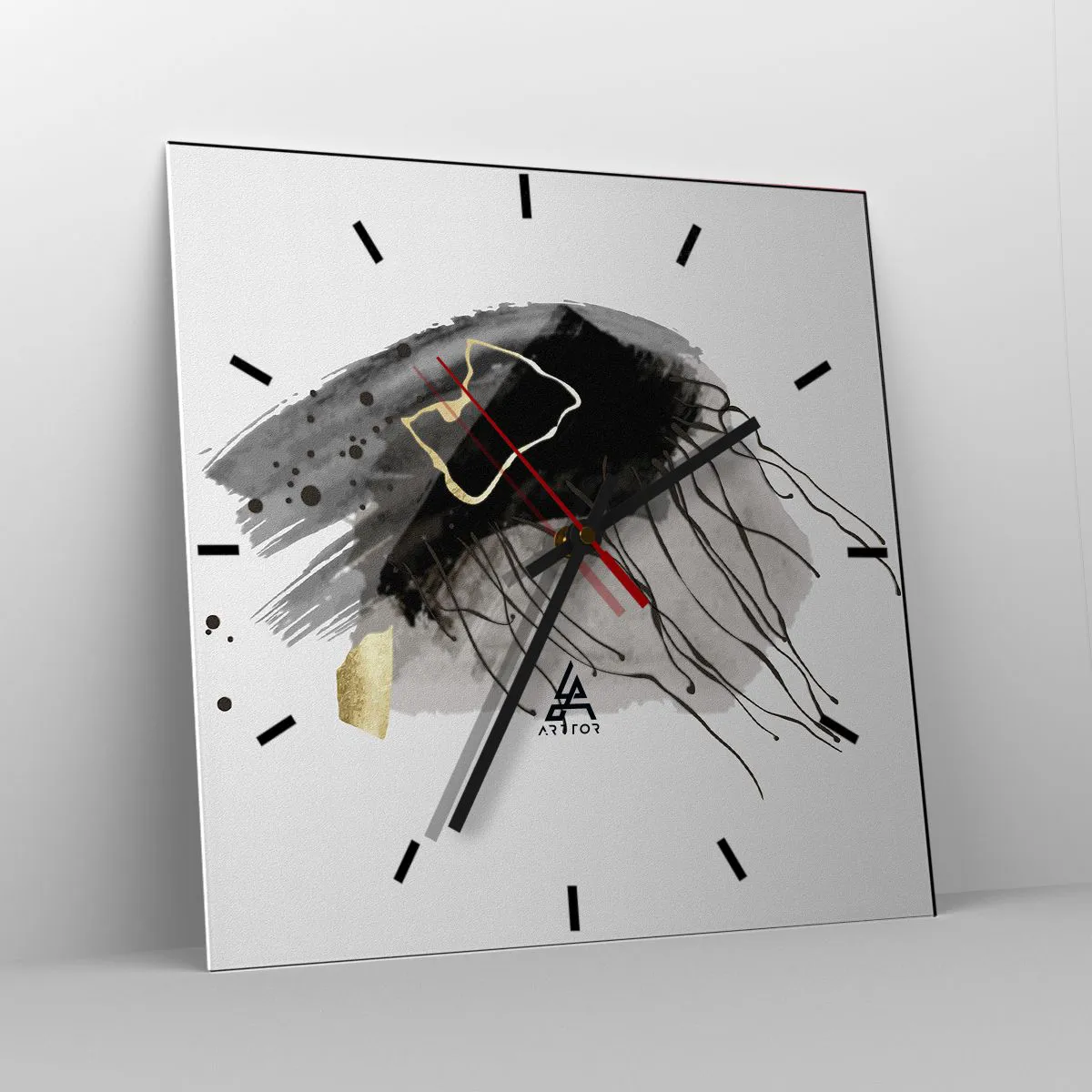 Wanduhr - Glasuhr - Eine abstrakte Komposition mit Akzenten in Schwarz und Gold. - 30x30cm - In Schwarz und Gold - Moderne Wanddekoration für Wohnzimmer und Schlafzimmer ARTTOR