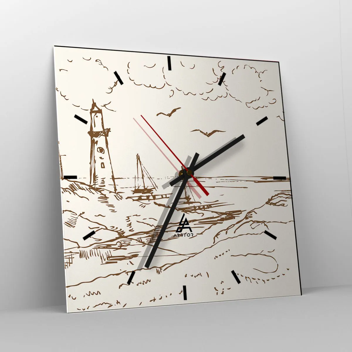 Wanduhr - Glasuhr - Skizze eines Leuchtturms mit Blick auf das Meer - 30x30cm - Ein Überblick über die Erinnerungen an den Sommer - Moderne Wanddekoration für Wohnzimmer und Schlafzimmer ARTTOR