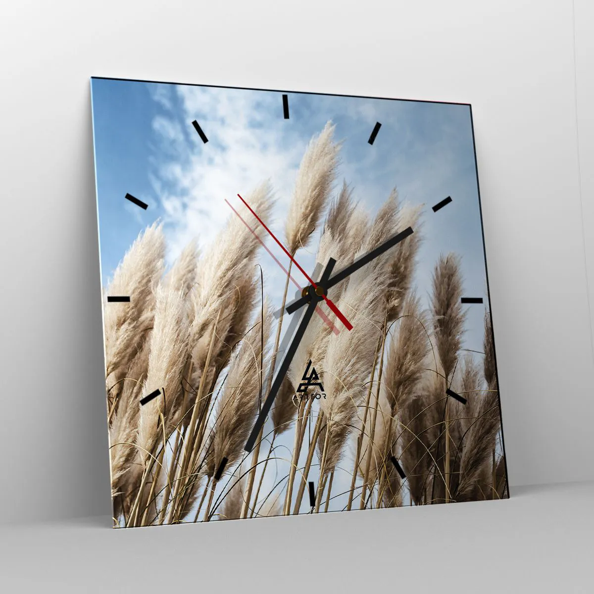 Reloj de pared - Reloj de vidrio - Delicadas hierbas de la pampa contra un cielo azul con nubes ligeras - 30x30cm - Una caricia soleada y ventosa - Decoración de pared moderna para salón y dormitorio ARTTOR