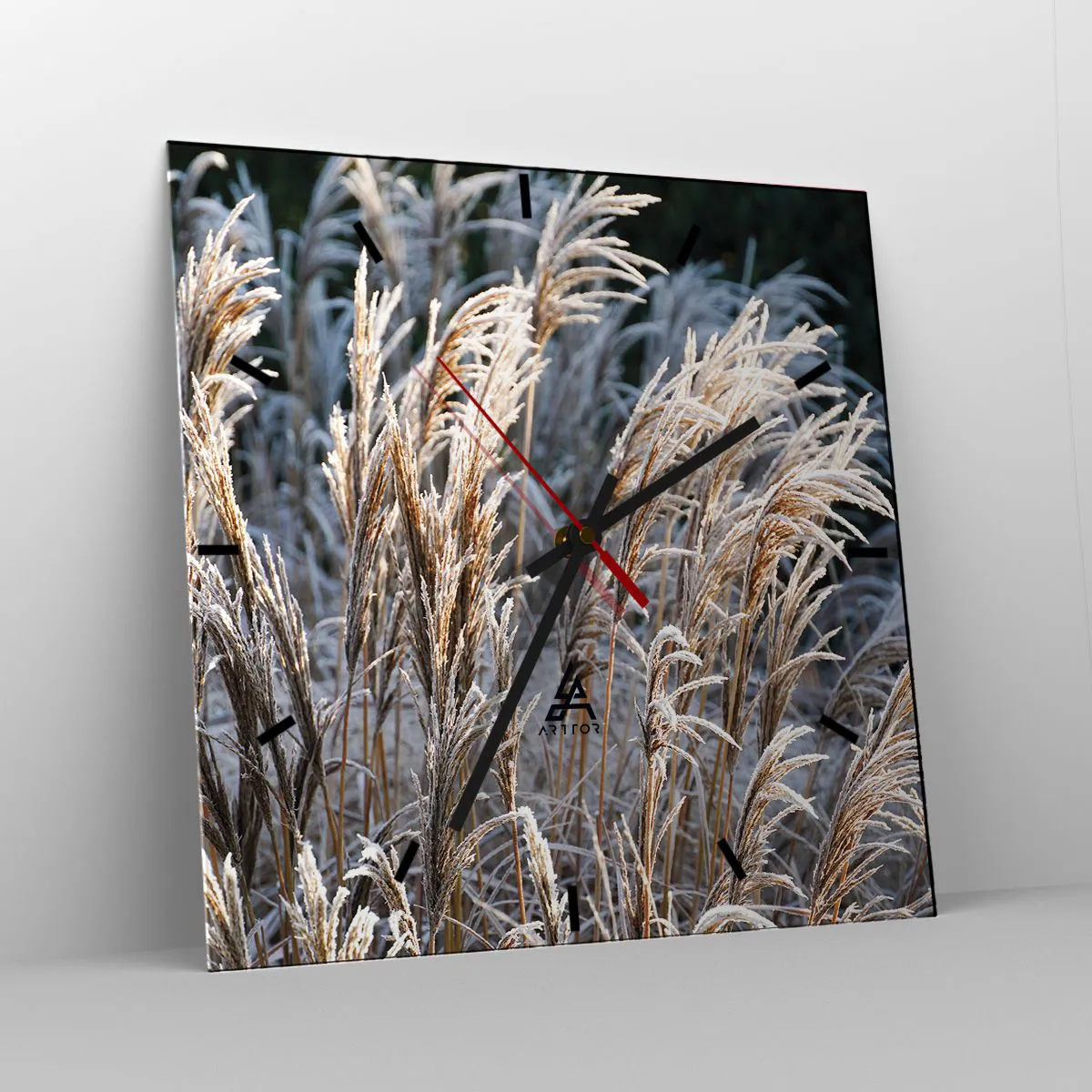 Orologio da parete - Orologio in Vetro - Fili d'erba invernali ricoperti di brina su uno sfondo verde scuro - 30x30cm - Vestite di brina - Decorazione murale moderna per soggiorno e camera da letto ARTTOR