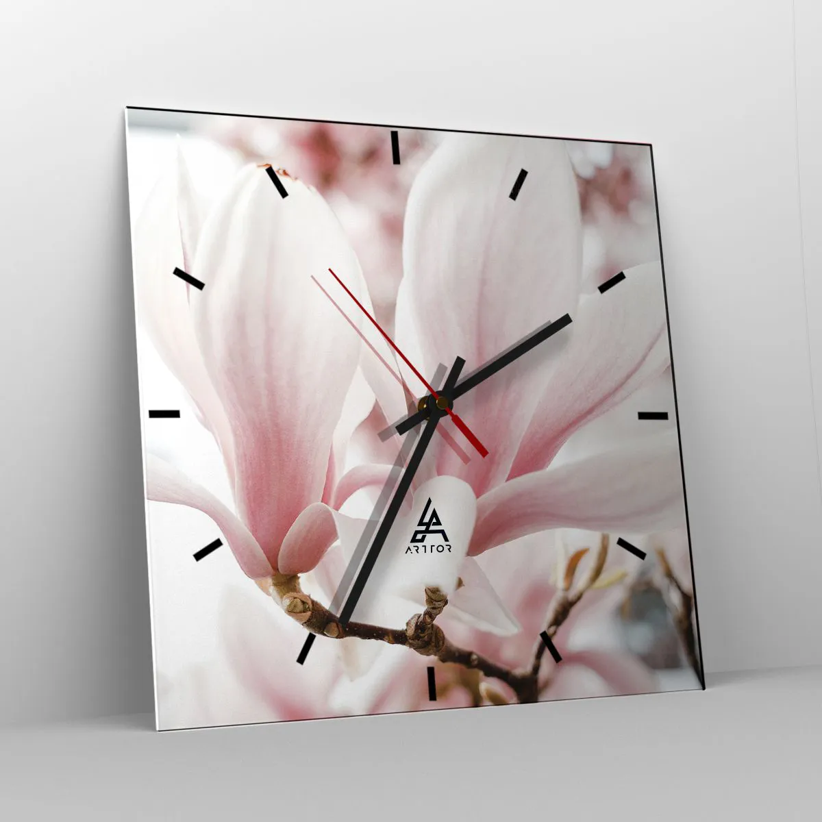 Orologio da parete - Orologio in Vetro - Delicati fiori di magnolia in tonalità pastello - 30x30cm - Tenerezza senza fine - Decorazione murale moderna per soggiorno e camera da letto ARTTOR