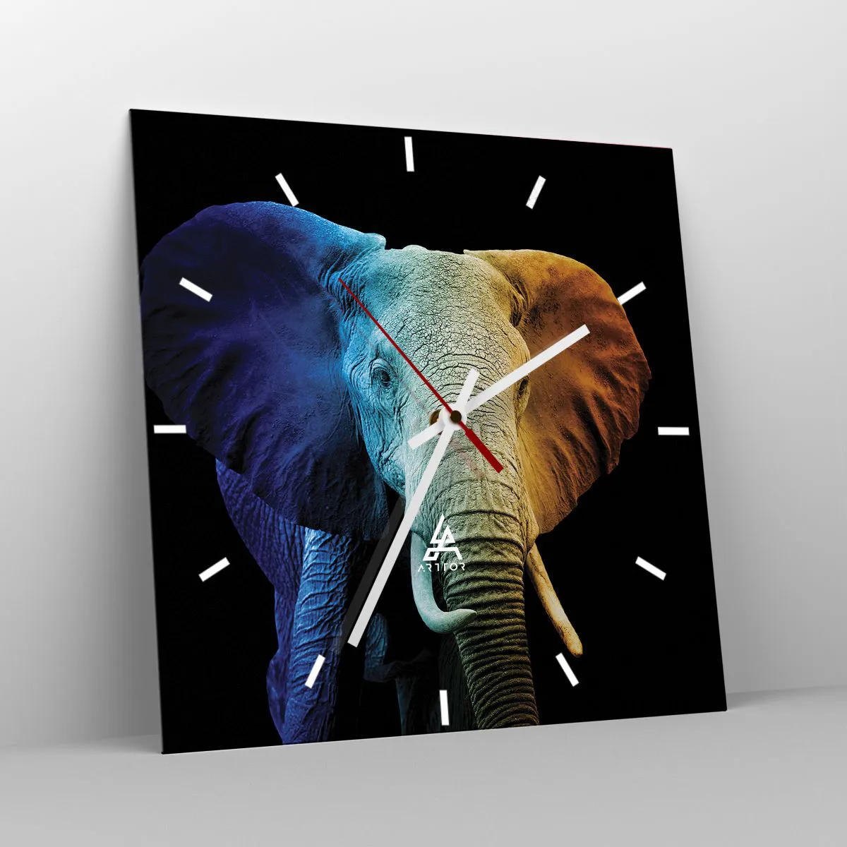 Wanduhr - Glasuhr - Elefantenporträt in Regenbogenfarben - 30x30cm - Exzentrisch, kein Verrückter - Moderne Wanddekoration für Wohnzimmer und Schlafzimmer ARTTOR