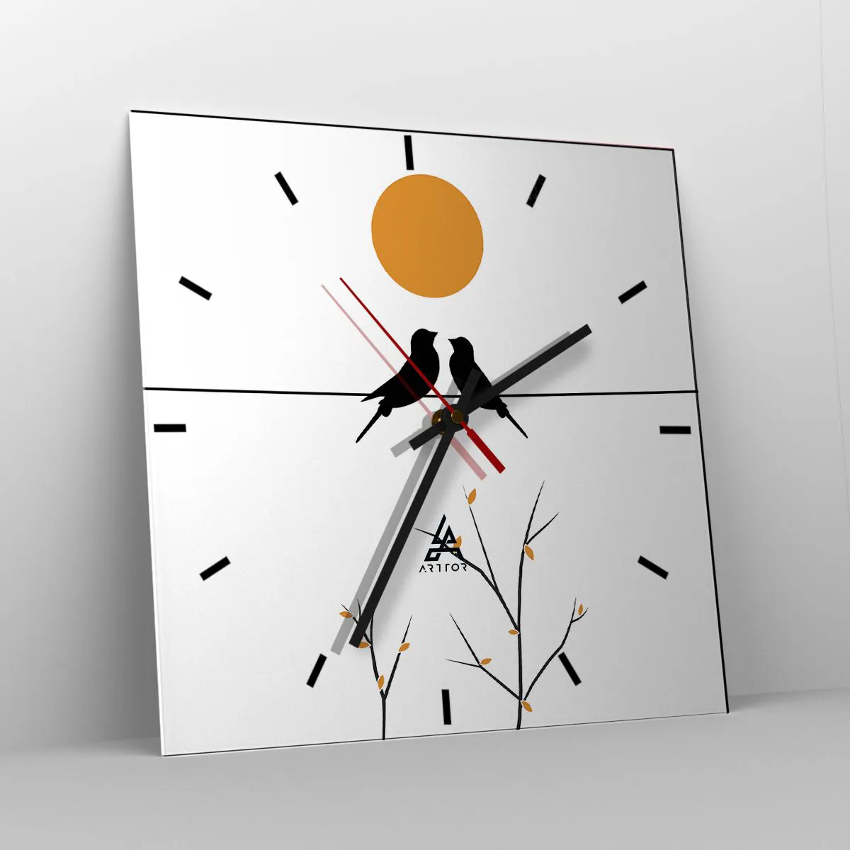 Horloge murale - Pendule murale - Oiseaux sur une ligne avec un soleil jaune - 30x30cm - Soirée pour rossignols - Décoration murale moderne pour le salon et la chambre ARTTOR