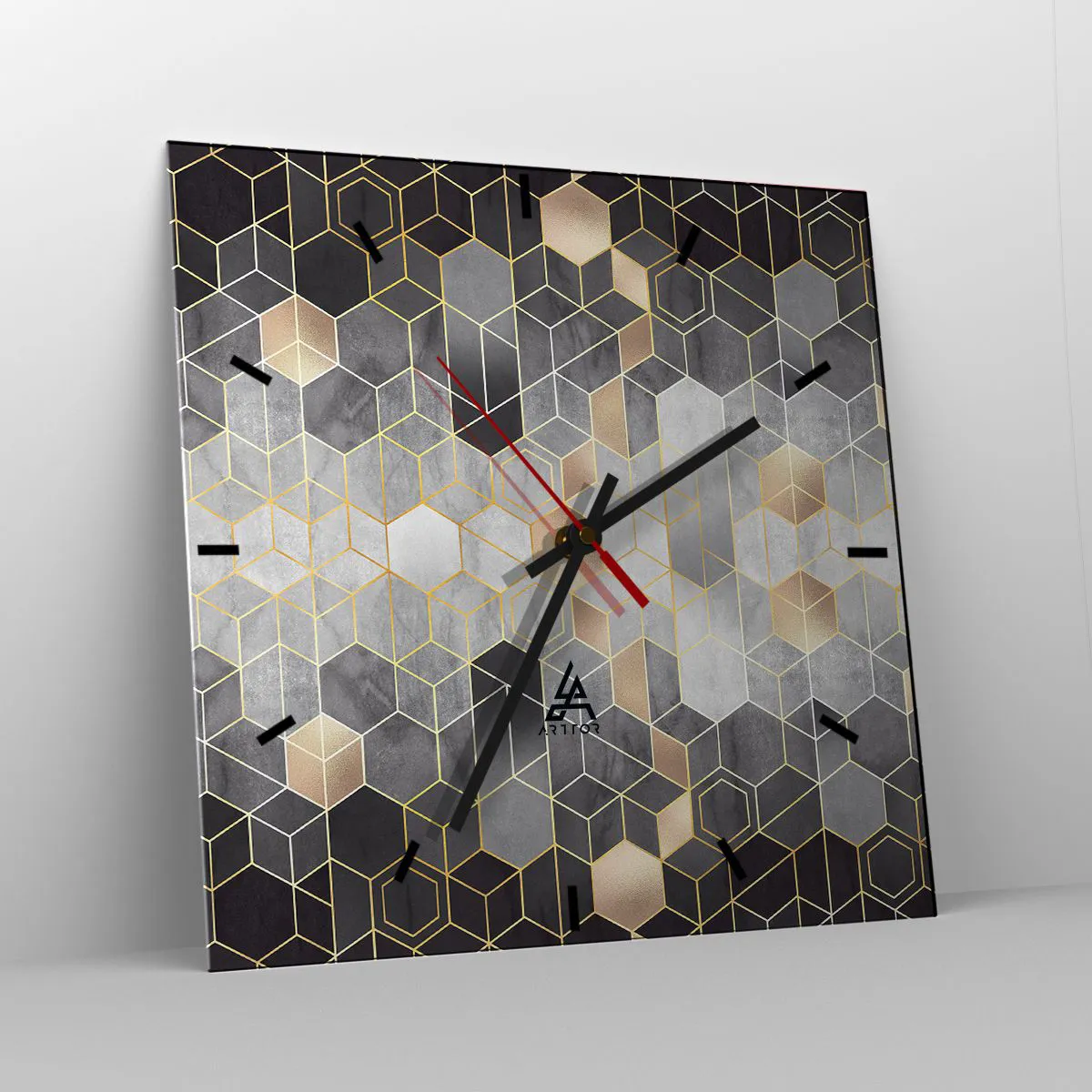 Reloj de pared - Reloj de vidrio - Patrón geométrico en tonos dorados - 30x30cm - Composición de diamantes - Decoración de pared moderna para salón y dormitorio ARTTOR