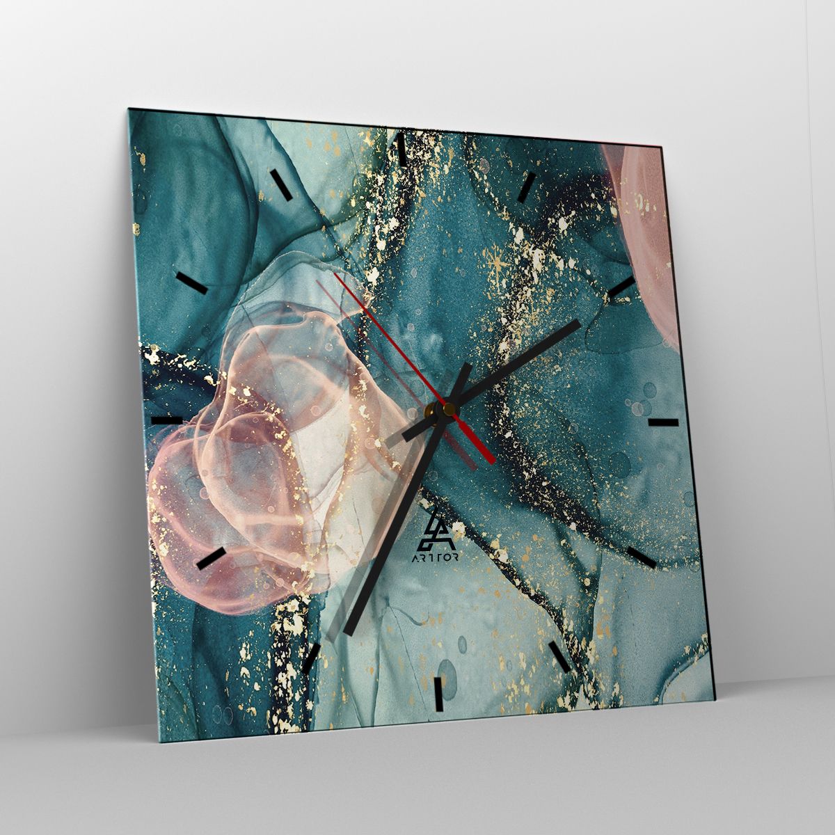 Orologio da parete Arttor - Blu di seta, rosa di tulle - Quadrante con  trattini, Forma: Quadrato - 30x30 cm - Astrazione, Arte, Arte Moderna