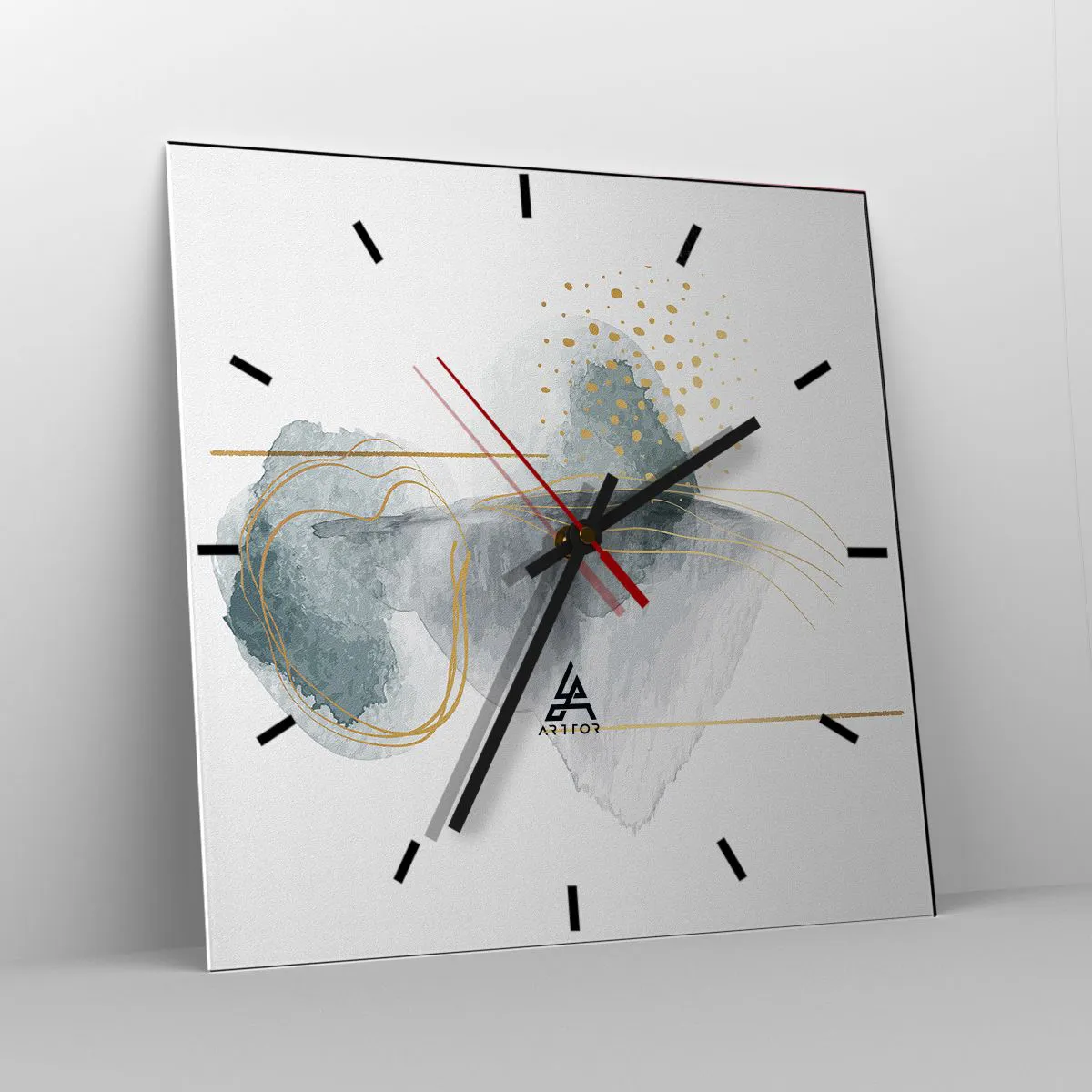 Reloj de pared - Reloj de vidrio - Una composición abstracta en tonos turquesa y dorado. - 30x30cm - Sobre la relación entre el gris y el oro - Decoración de pared moderna para salón y dormitorio ARTTOR