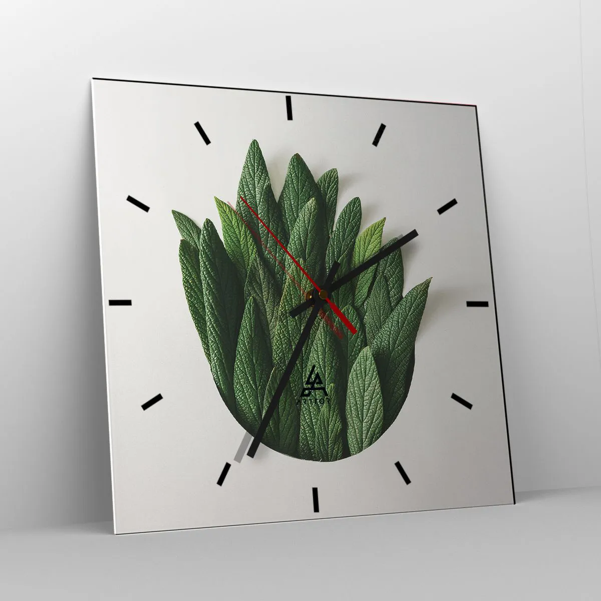 Wanduhr - Glasuhr - Eine Komposition aus grünen Blättern auf hellem Hintergrund - 30x30cm - Ungebremste Neugier - Moderne Wanddekoration für Wohnzimmer und Schlafzimmer ARTTOR
