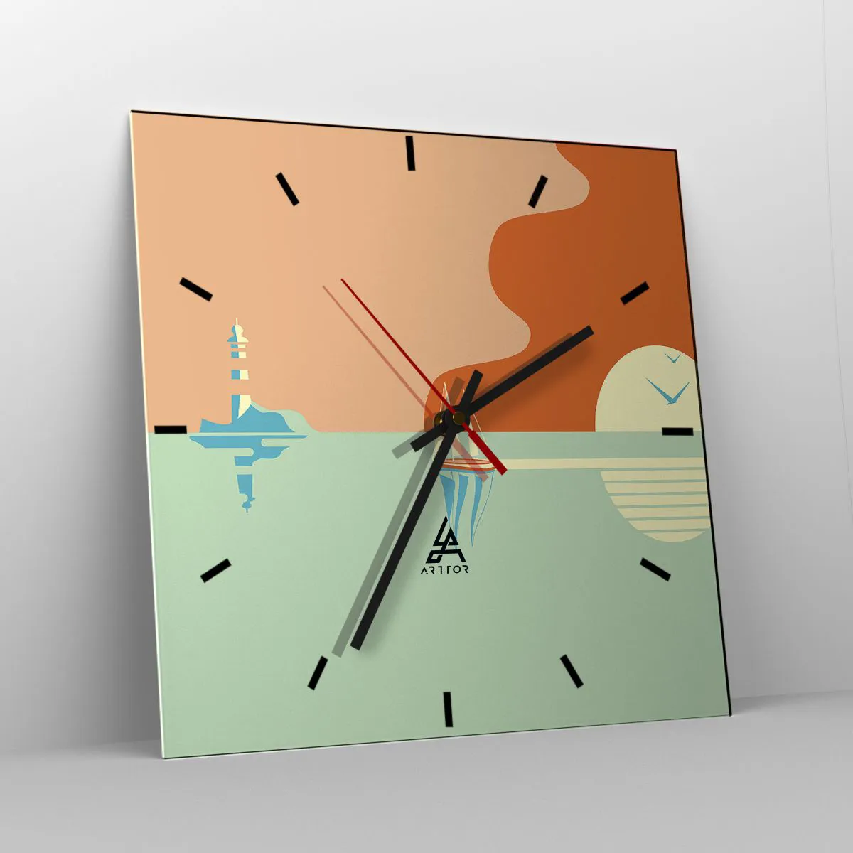 Horloge murale - Pendule murale - Un paysage marin minimaliste avec un voilier et un coucher de soleil - 30x30cm - Paysage idéal de la mer - Décoration murale moderne pour le salon et la chambre ARTTOR
