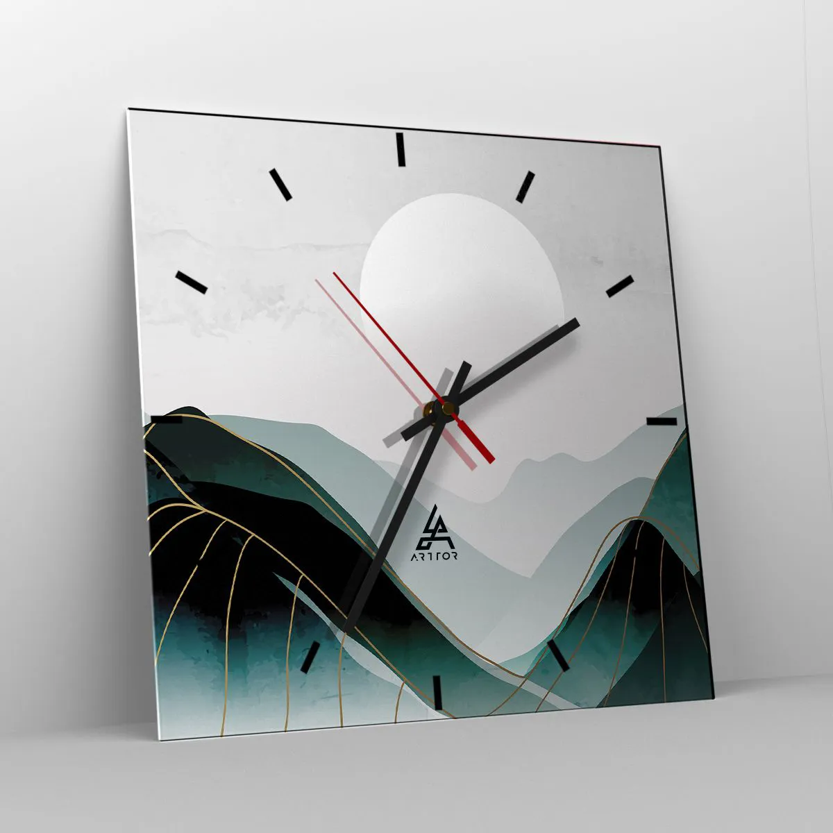 Reloj de pared - Reloj de vidrio - Paisaje montañoso abstracto con la luna y líneas doradas. - 30x30cm - Con toda la majestuosidad - Decoración de pared moderna para salón y dormitorio ARTTOR