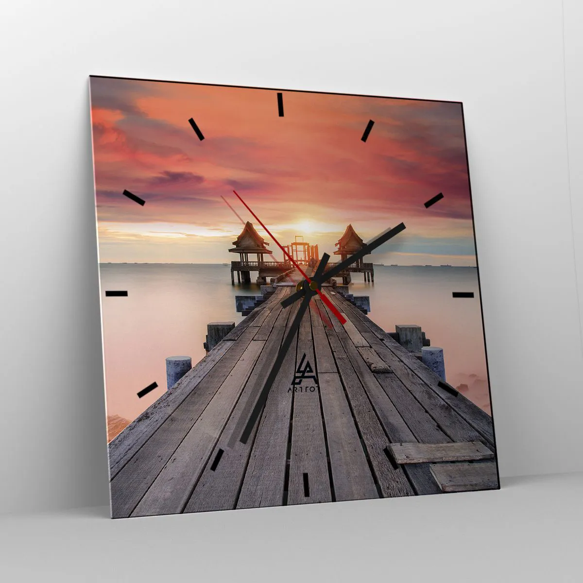Reloj de pared - Reloj de vidrio - Muelle de madera que conduce a los miradores al atardecer - 30x30cm - De este a oeste - Decoración de pared moderna para salón y dormitorio ARTTOR